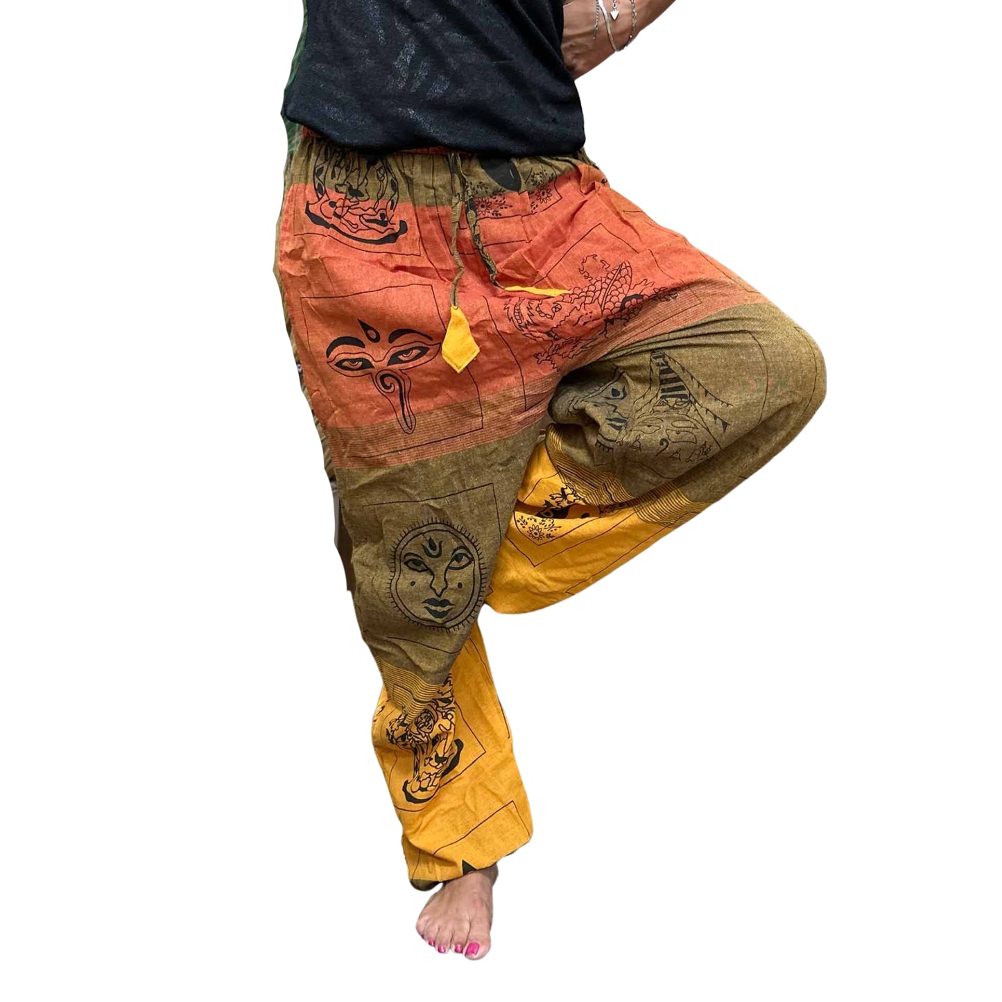 Yoga and festival pants - Himalayan High Cross print in orange