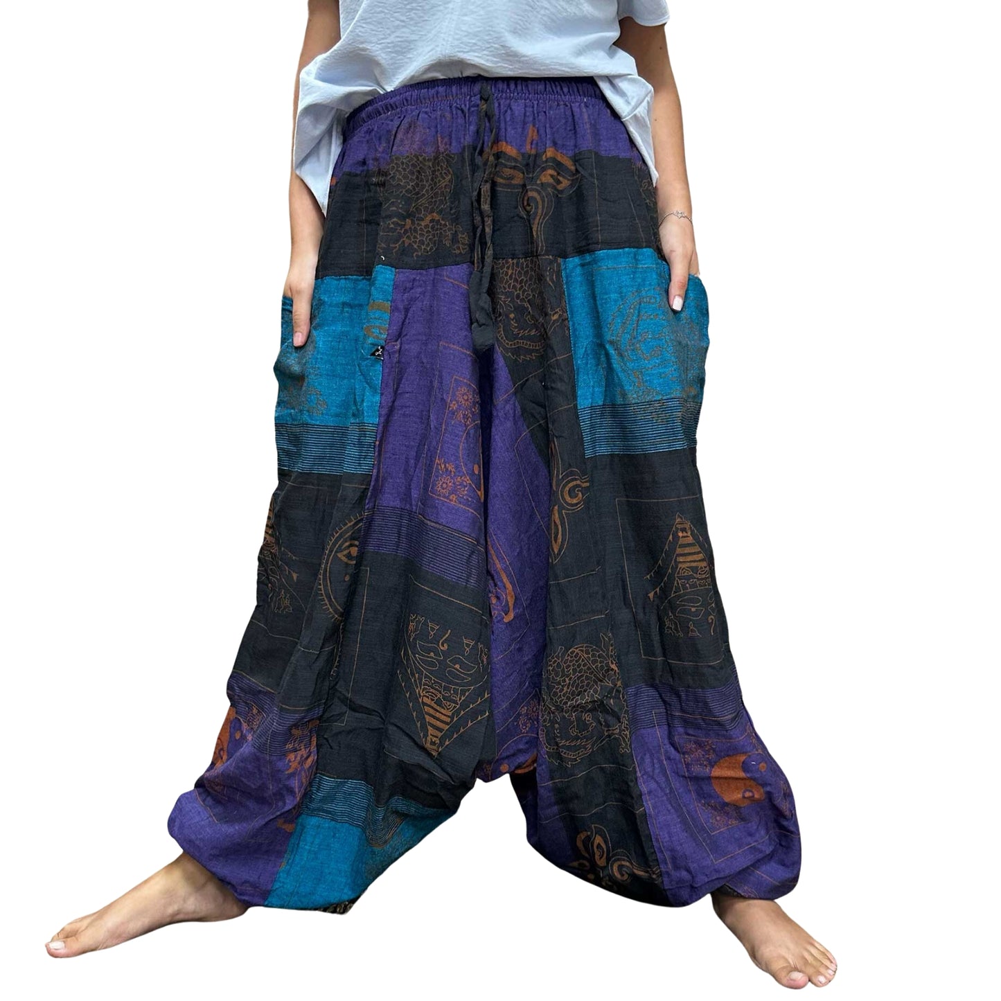 Yoga and festival pants - Himalayan High Cross print at home