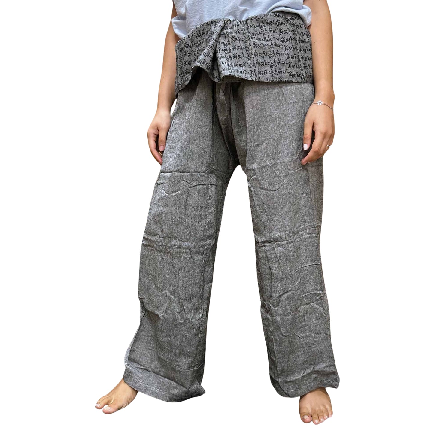 Yoga and festival pants - Thai fisherman mandala mantra in gray