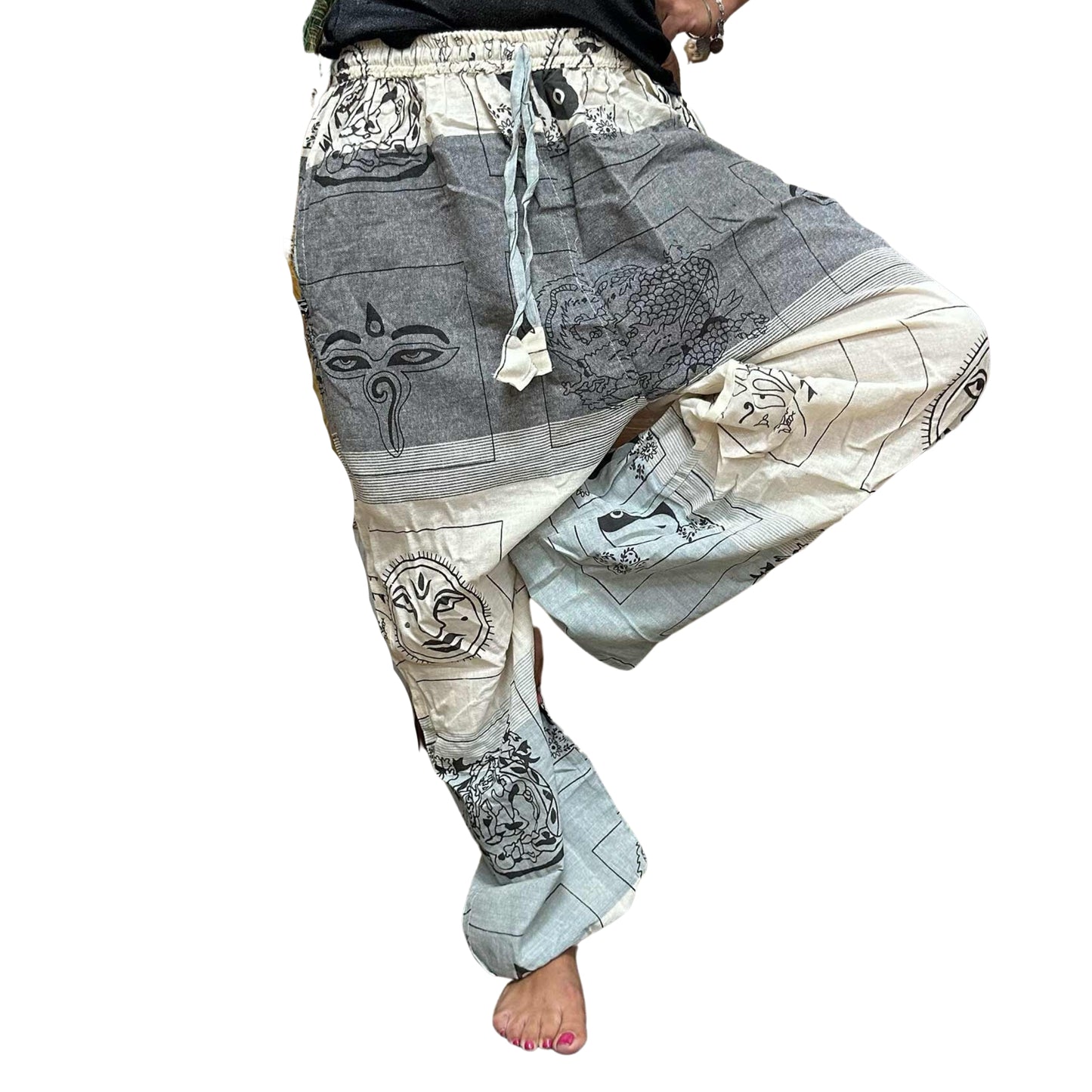 Yoga and festival pants - Himalayan High Cross print in gray