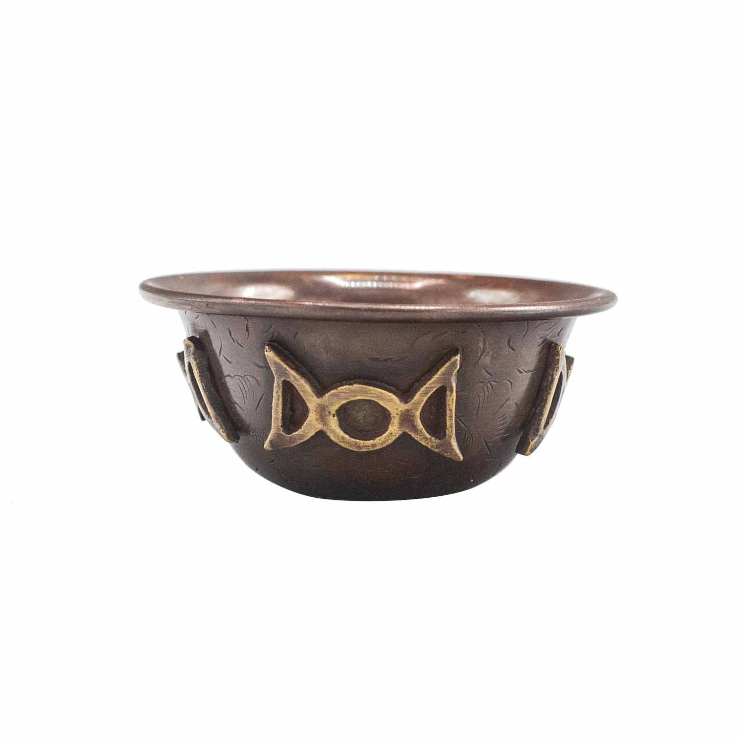 Antique copper ritual cuenco with triple moon 8x4 cm