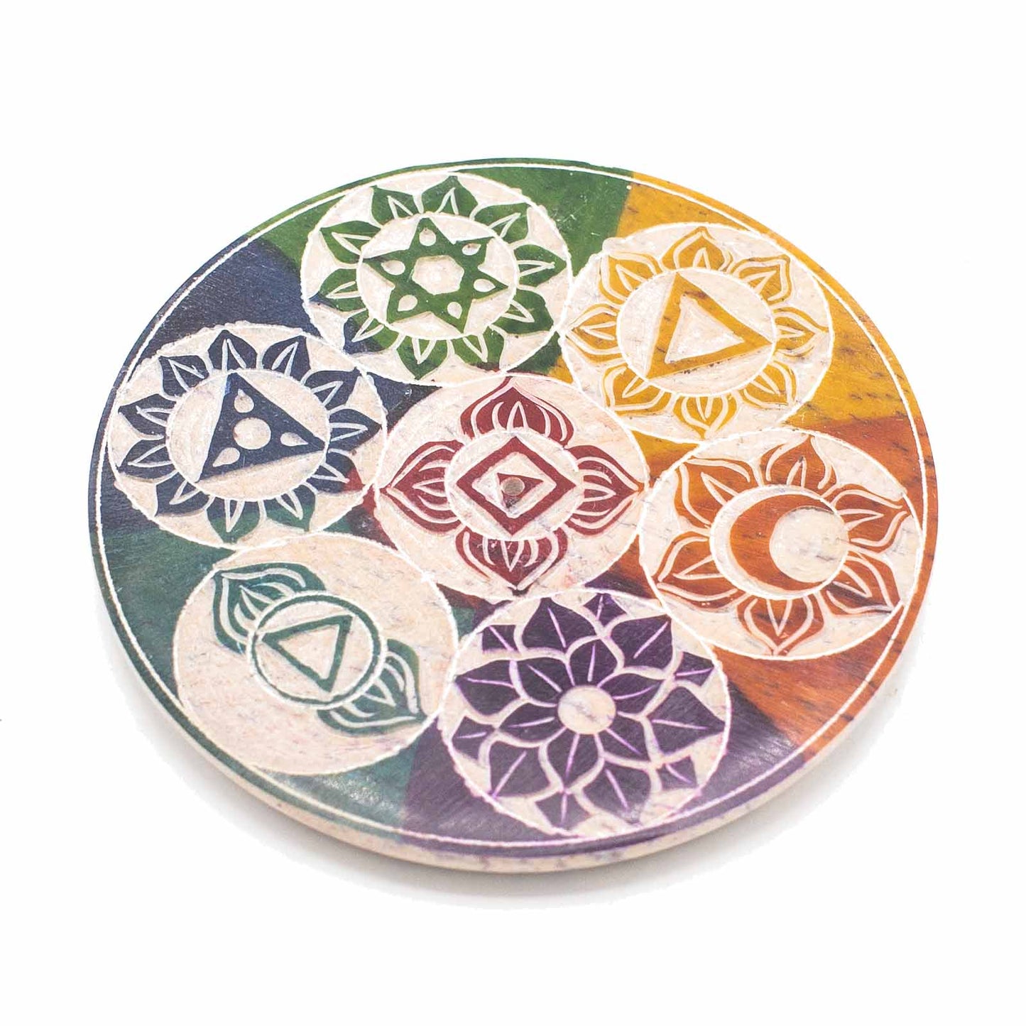 Porte-Encens sur Disque Stéatite 10cm - Sept Chakras