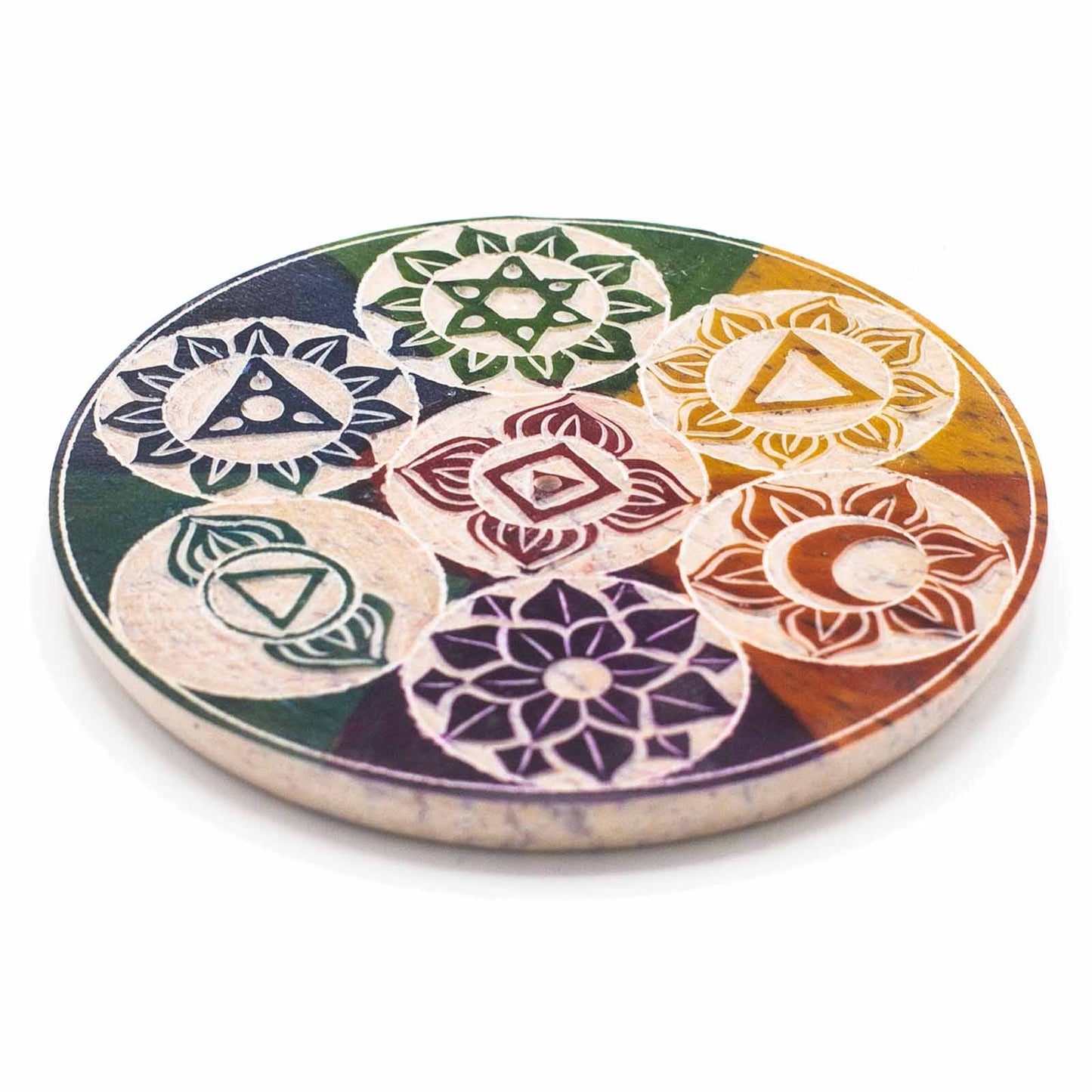 Incense Holder on Steatite Disc 10cm - Seven Chakras