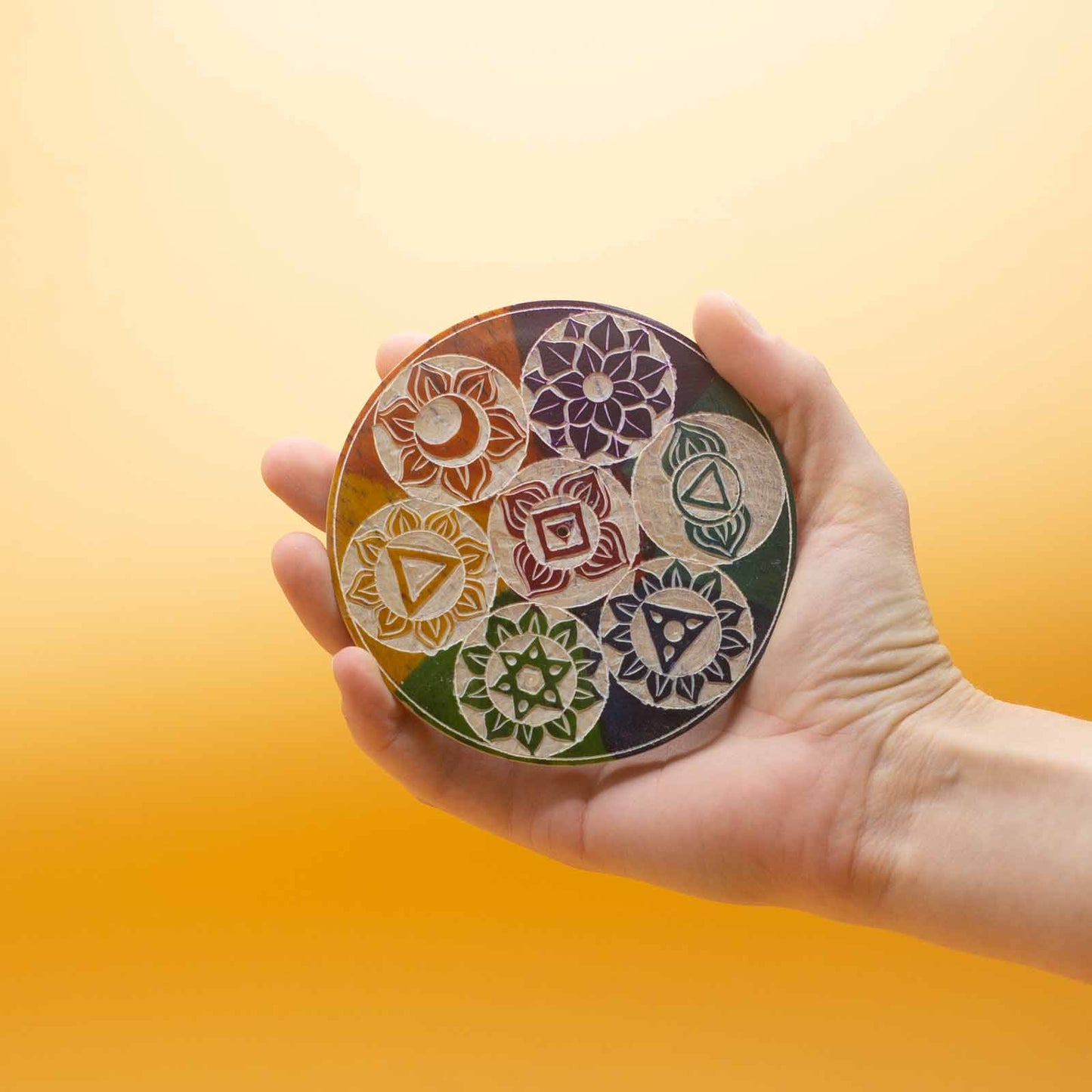 Incense Holder on Steatite Disc 10cm - Seven Chakras