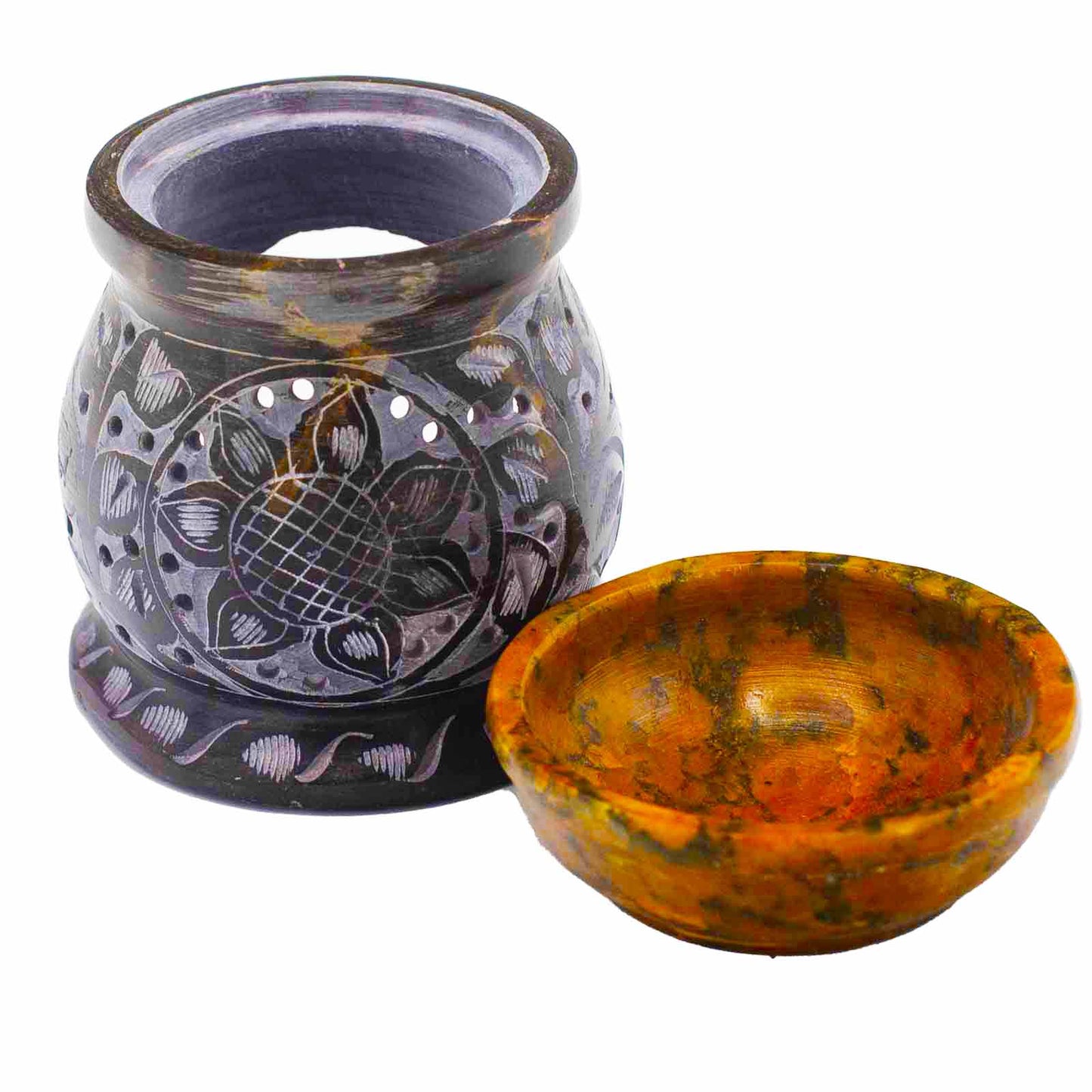 Soatite oil burner 10 cm - Mandala flower - Black and yellow