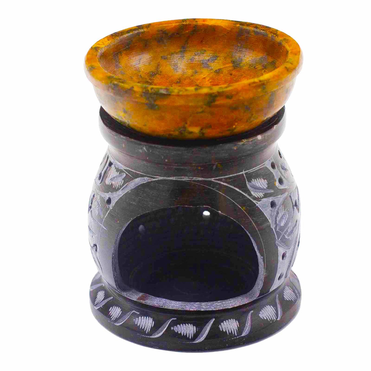 Soatite oil burner 10 cm - Mandala flower - Black and yellow