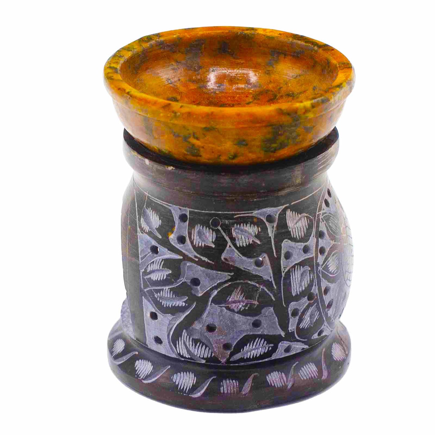 Soatite oil burner 10 cm - Mandala flower - Black and yellow