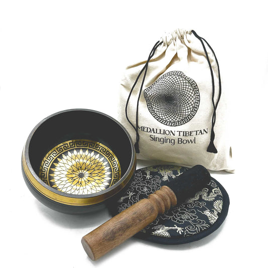 Hand-whipped and engraved Tibetan cuenco gift set - 14 cm - Round medallions